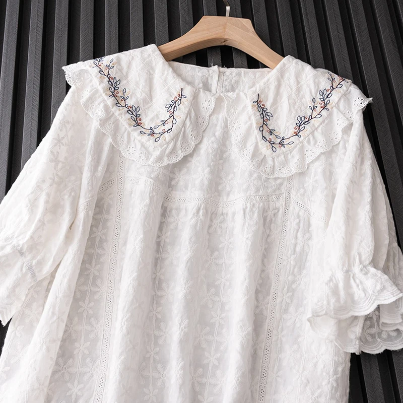 

Japanese Mori Girl Summer Heavy Embroidery Loose Blouse Women Clothing Peter Pan Collar Short Sleeve Female Kawaii Shirt U083