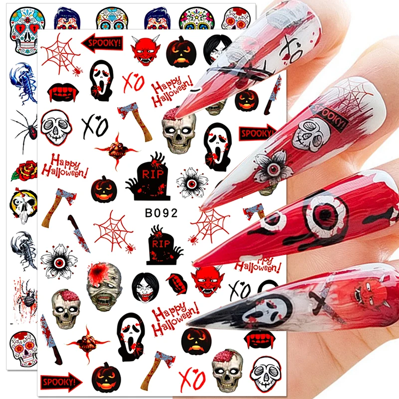 

3D Halloween Nail Sticker Horror Evil Eye Skull Bone Blood Pumpkin Nail Decals Self-Adhesive Manicure DIY Nail Art Decoration
