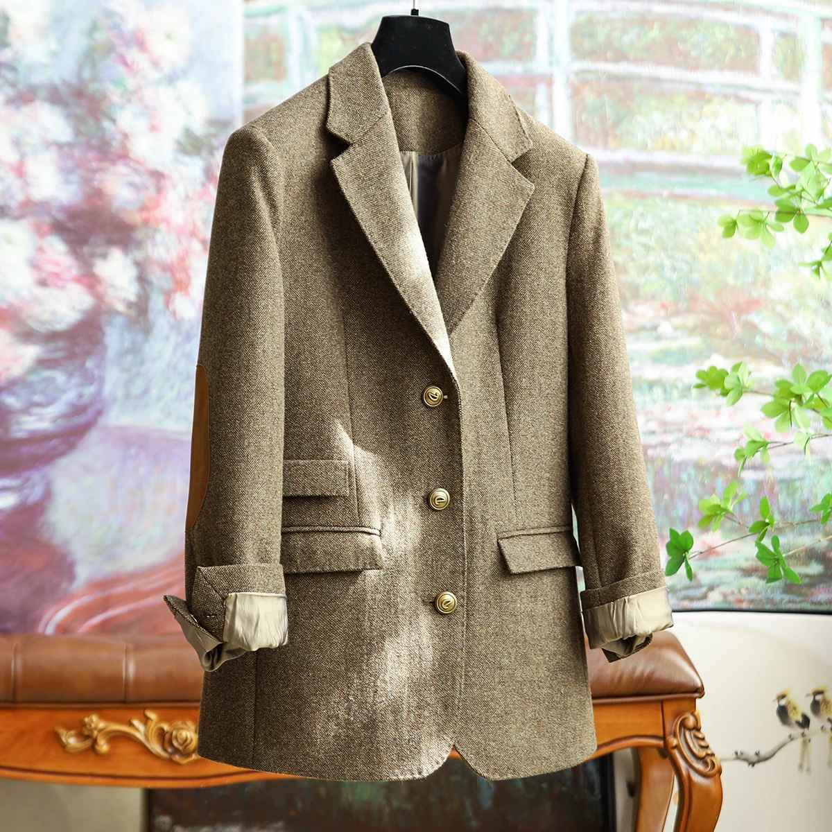 

Fixed Weave Chidori Wool Straight Suit Jacket Women 2023 Autumn and Winter New Light Luxury Splicing Formal Occasion Suit Jacket