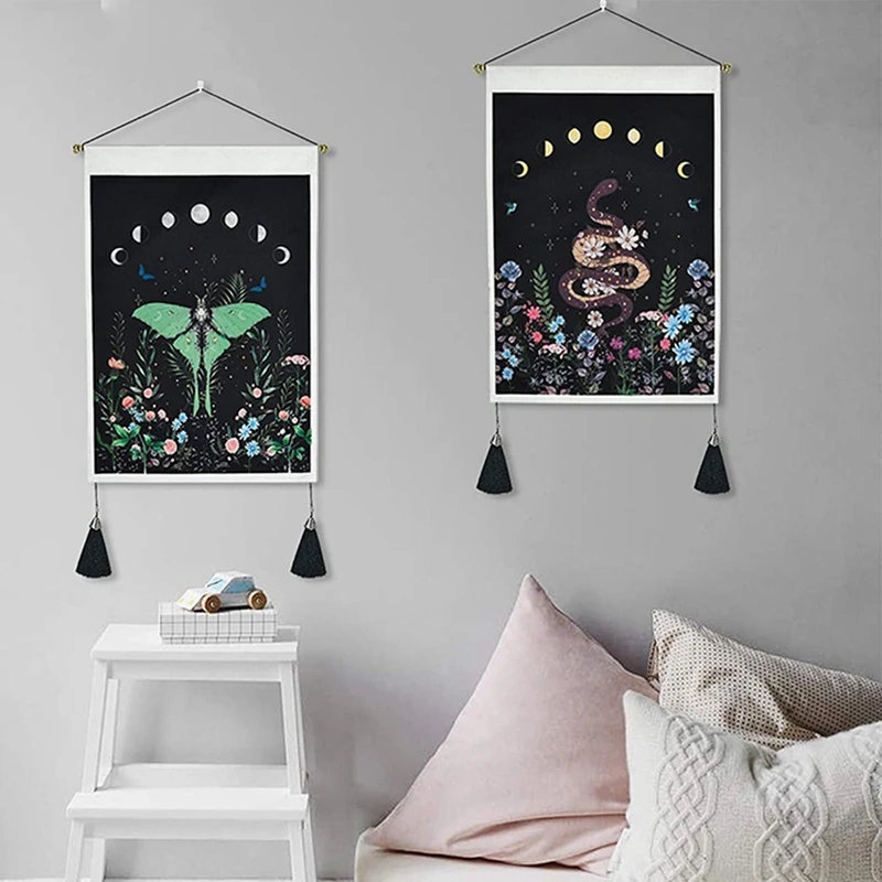Pack Of 2 Moon Phase Tapestry Flower Floral Moth Snake Black Background Wall Hanging