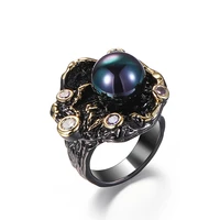 vintage elegant design flower ring black baroque pearl finger rings for women fashion party wedding accessories jewelry