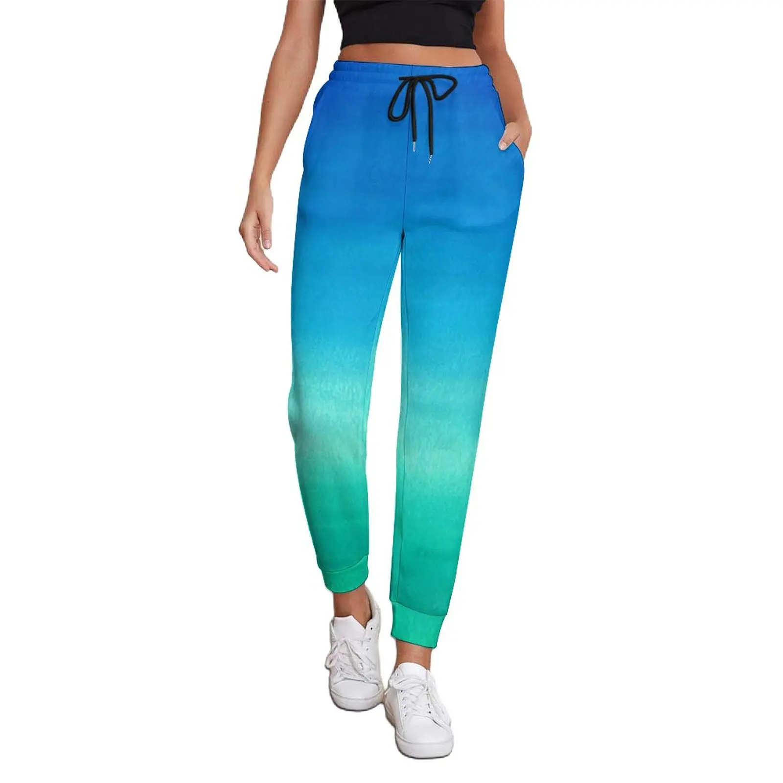 Blue Green Ombre Baggy Pants Spring Watercolor Neon Ocean Casual Joggers Womens Street Style Print Trousers Big Size 3XL