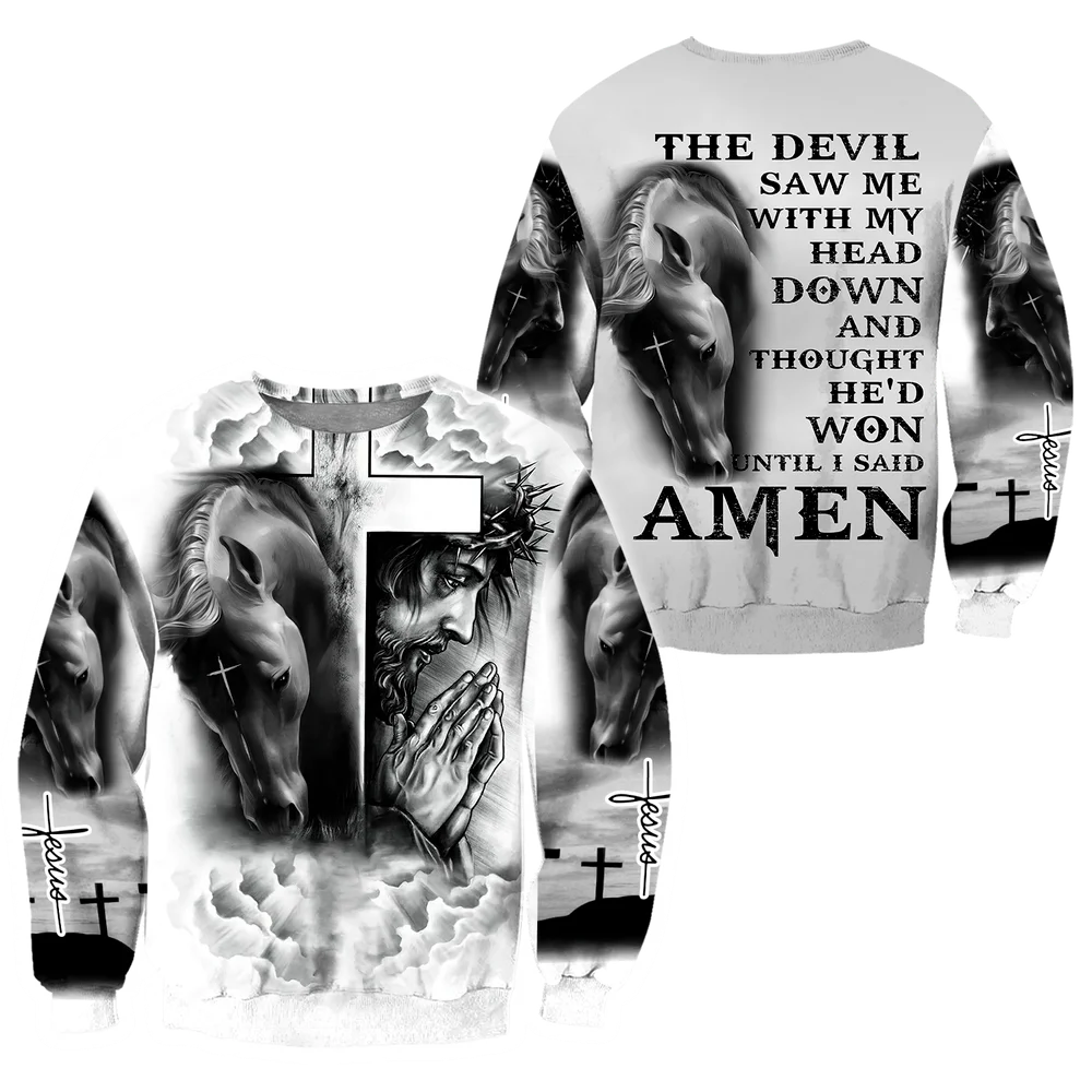 

CLOOCL Christian Catholic Jesus Horse White Sweatshirt Print Casual Long Sleeve Harajuku Sweatshirt Round Neck Top Drop Shipping