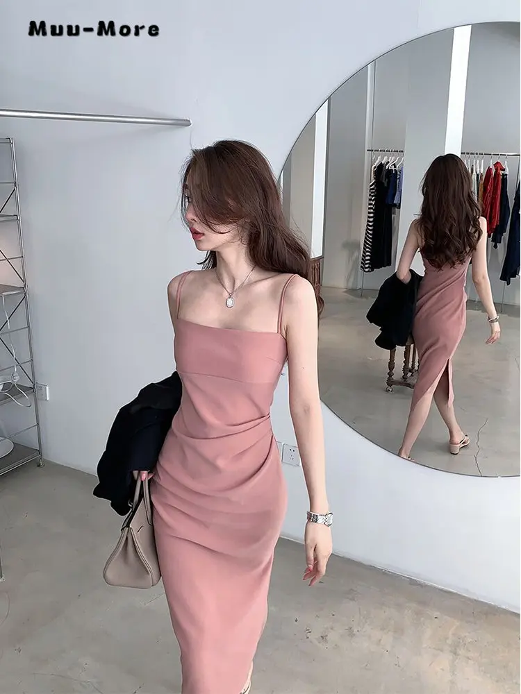 

Женские пикантные розовые мини-платья с открытой спиной и вырезом-лодочкой на бретелях, летнее облегающее шифоновое платье с завышенной талией и разрезом, 2023