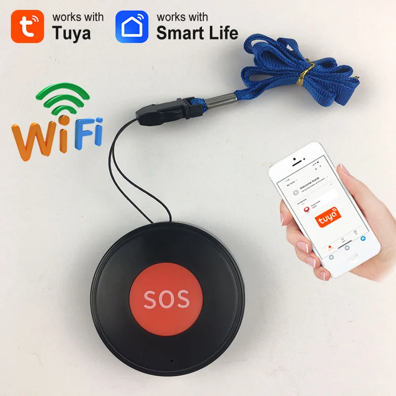 Фото Кнопка аварийной помощи Tuya WiFi SOS с уведомлениями через приложение Smart Life Оповещение о одной клавишей Настенный липкий/шейный ремешок Дизайн для пожилых людей и детей №1