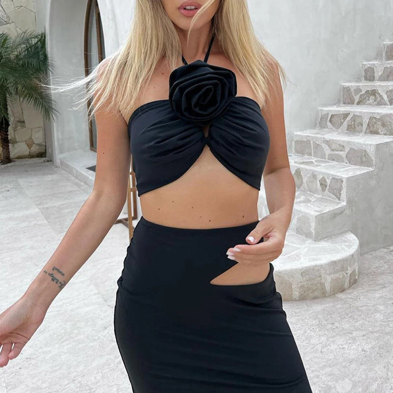 

Женский пляжный костюм из трех предметов, привлекательный костюм с юбкой с вырезом на шее и высокой талией, накидка из спандекса с принтом роз, лето 2023