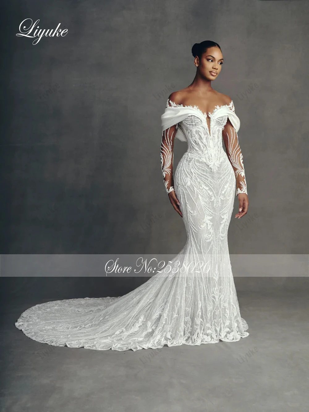 Фото Liyuke Роскошные свадебные платья русалки с вышивкой на заказ Robe De Marriage со съемным шлейфом 2 в 1, кружевные свадебные платья с трубой №2