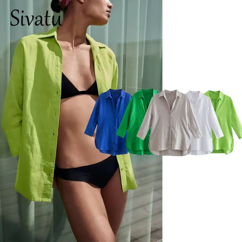 

Женская Асимметричная блузка Sivatu, винтажная льняная рубашка с боковыми разрезами, длинным рукавом и пуговицами спереди, шикарные топы