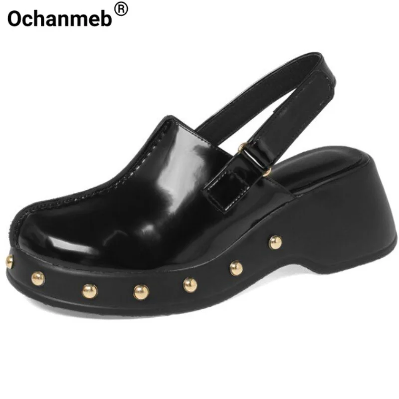 

Ochanmeb Genuine Leather Sandals Women Thick Sole Platform Flats Shoes Hook&Loop Slingback Punk Studs Woman Flat Sandalias Mujer