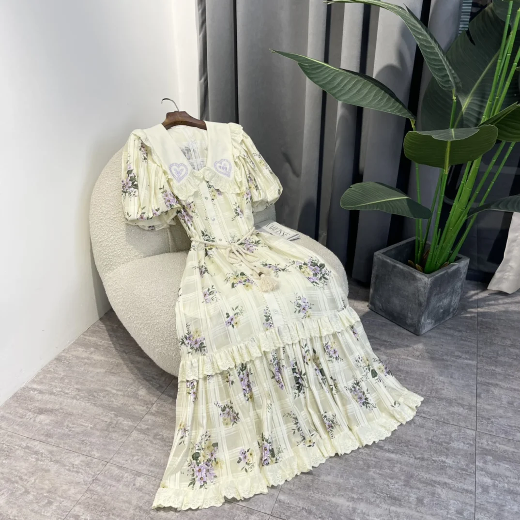 

Special Design 2022 Latest Summer Ladies Sweet Purple Embroidery Heart Collar Multicolor Flower Print Frill Edge Midi Dresses