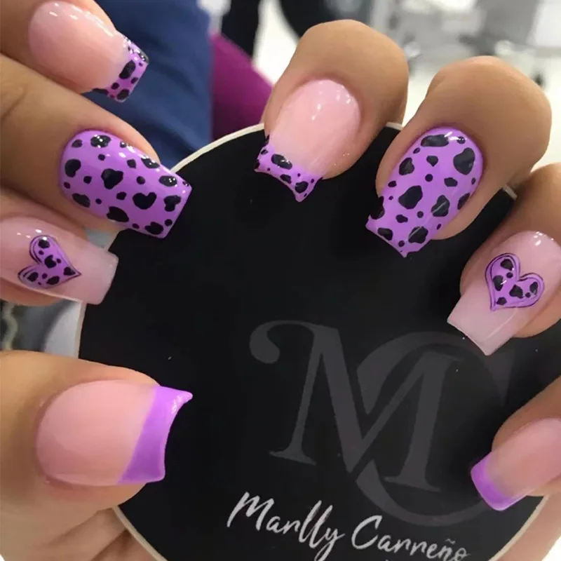 

24Pcs Wearable Ballerina False Nails Short Ballet Nail Purple Love Leopard Print Press On Nails Fake Nails DIY Manicure Tools