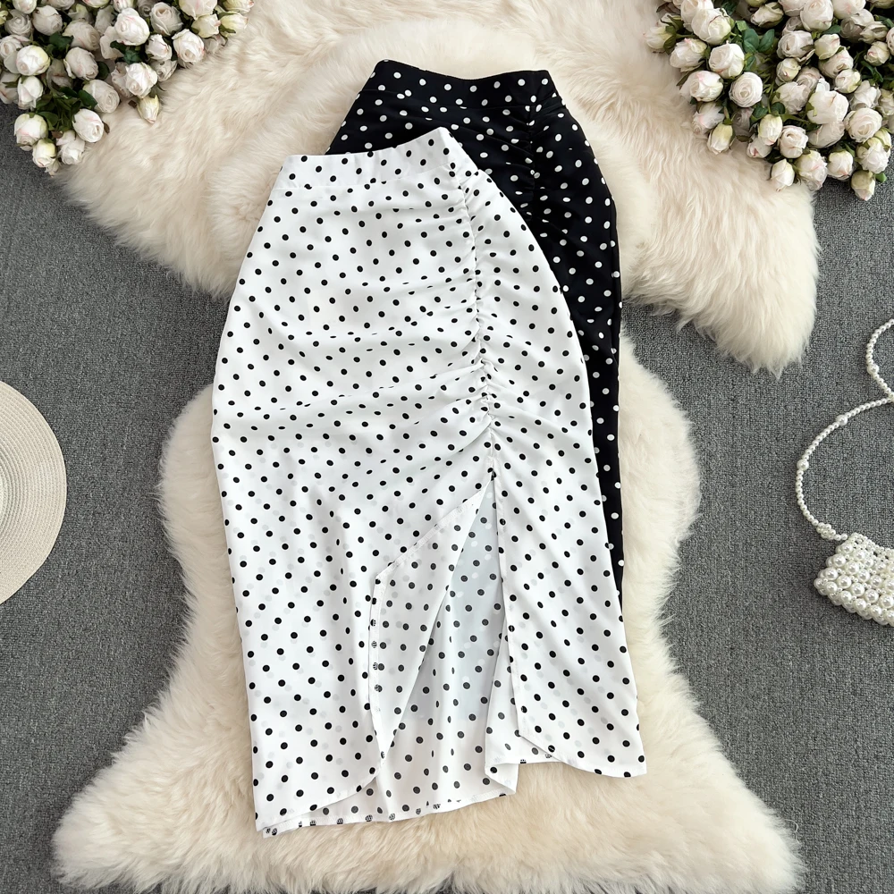 

Women Chic Dot Print Split Full Skirt High Waist Elegant Korean Fashion Wrap Skirt Sweet Summer Clothing