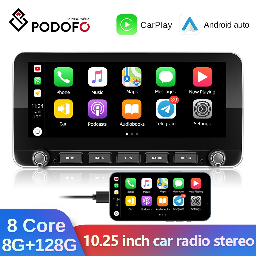 

Автомагнитола Podofo, 10,25 дюйма, 8 + 128 ГБ, Android 10, 4G, Wi-Fi