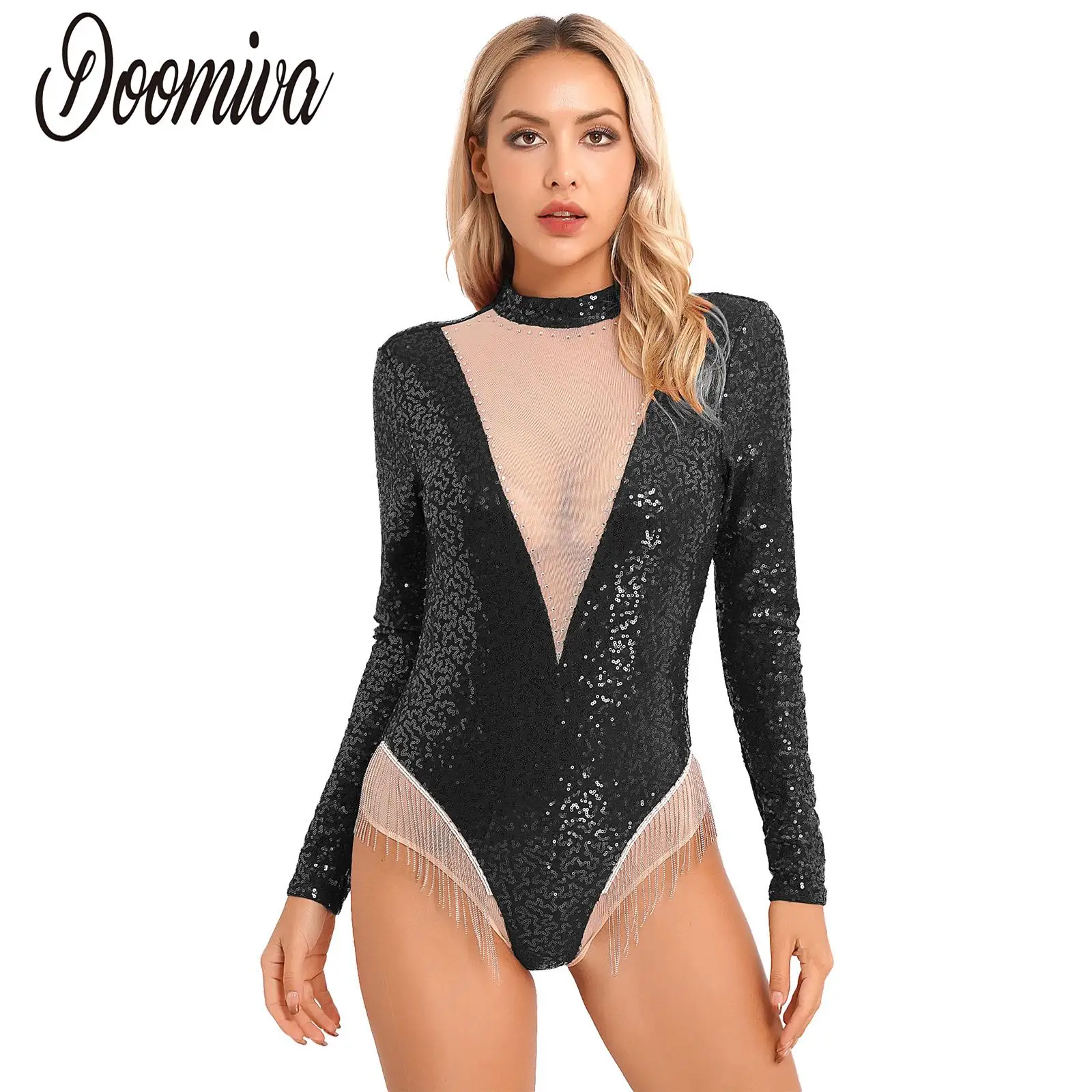 

Женский костюм для джазовых танцев с блестками и длинным рукавом