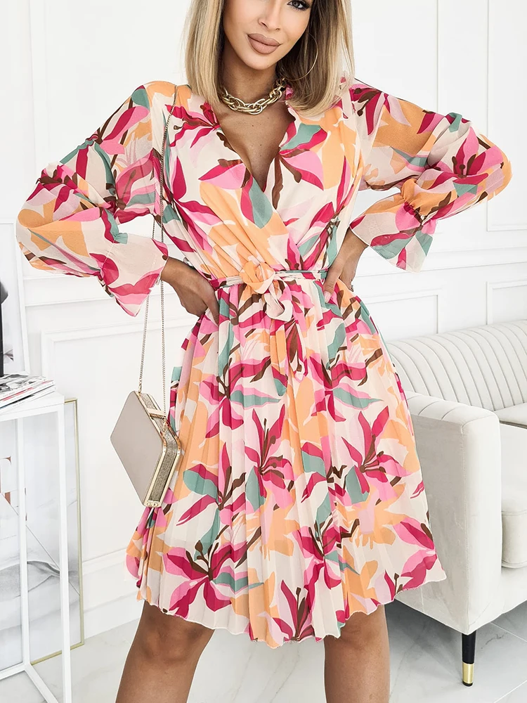

Chiffon Pleated Flower Print Party Dress Women Spring Sashes V-Neck Elegant Midi Dress 2022 Lady Office A Line Floral Vestidos