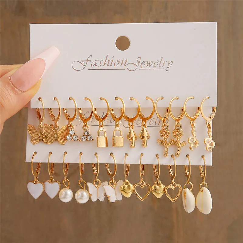 

WUKALO Gold Color Simulated Pearl Earrings Set Butterfly Lock Heart Flower Shell Drop Earrings for Women Wedding Jewelry Gifts