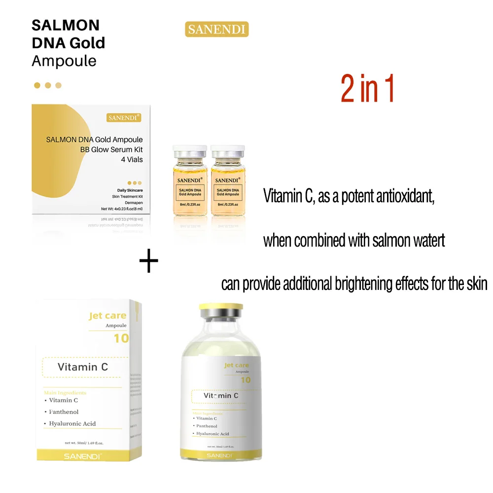 Фото 2 в 1, сыворотка Salmon DNA & Jet Care VC, укрепляющая, уход за глубокой кожей, увлажняющая, отбеливающая ампула, антивозрастной, отбеливающий набор для лица №1