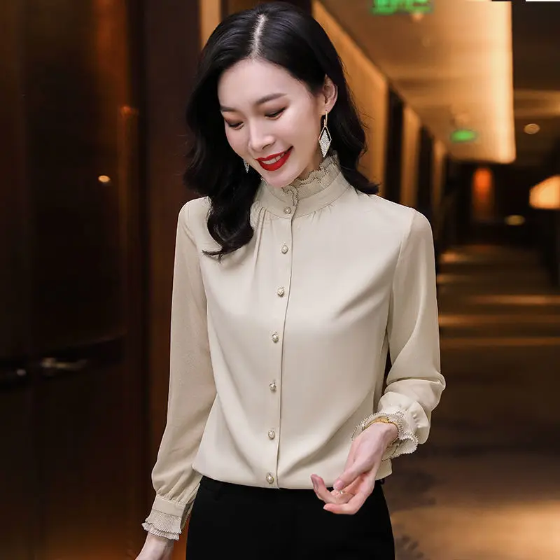 

Casual lead chiffon shirt female long sleeve blouse 2022 new spring and autumn high-end women's top quality bottoming shirt