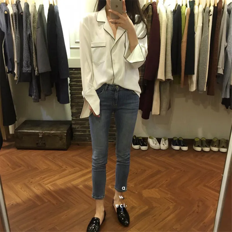 Women New Autumn Fashion Shirts Japanese Kimono Black White Long Sleeve Loose Tops Color Contrast Casual V Neck Blouse | Женская одежда