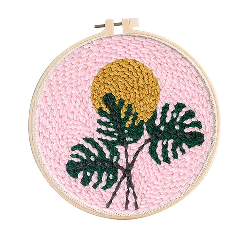 

Fashion Flower Leaf Plant Embroidery Poke Wool Yarn Kit Handmade Punch Needle Kit Artwork For Beginner