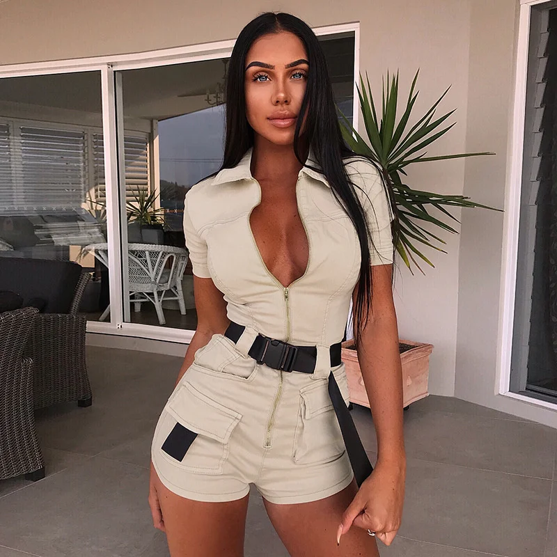 Women's Jumpsuits & Rompers 2022 Summer Women Overalls Casual Romper Jumpsuit Front Zipper Shorts Cargo Pants Shirt Female Khaki