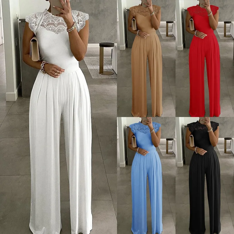 

White Jumpsuit Women Spring 2021 Fashion Office Lady Jumpsuit Lace Collar Crew Neck Solid Color Jumpsuits