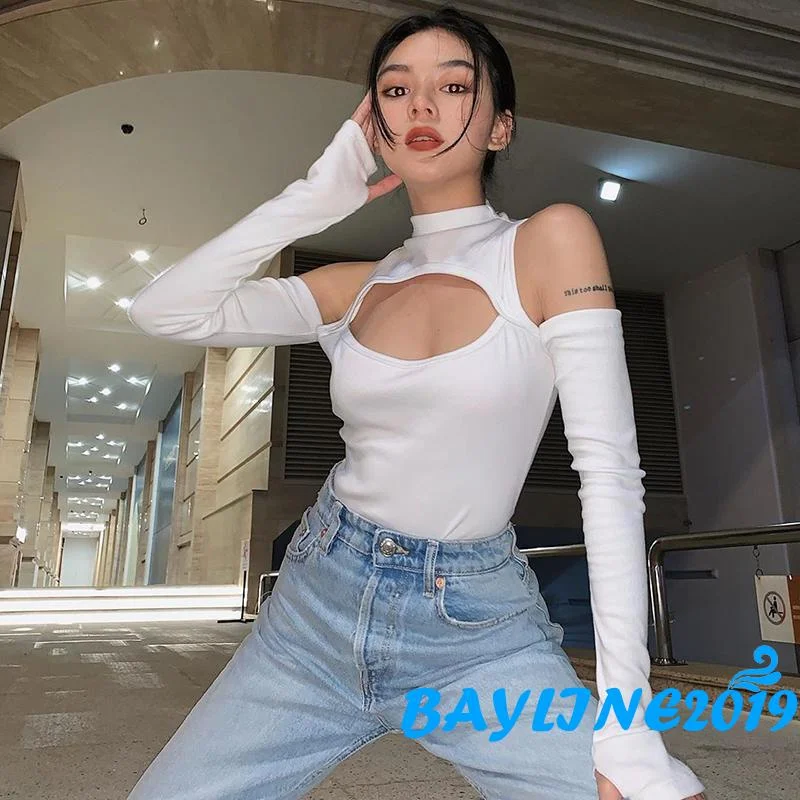 

BAY-Women Autumn Long-sleeved Bodysuit Fashion Solid Color Hollow Off-shoulder Half High Collar Jumpsuit