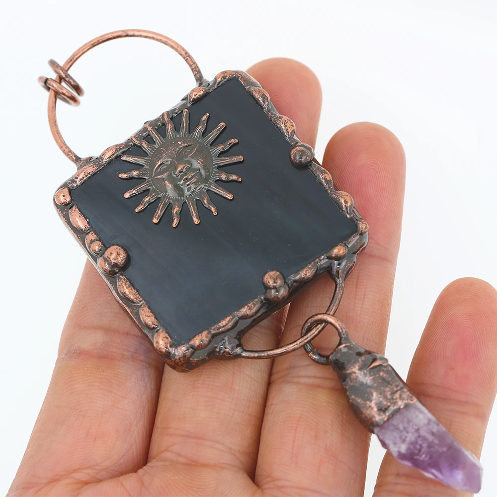 

2022 Vintage Moon Stars Stone charms Boho Large Soldered Square Black Agates Slice Amethysts Necklace Pendant for DIY making