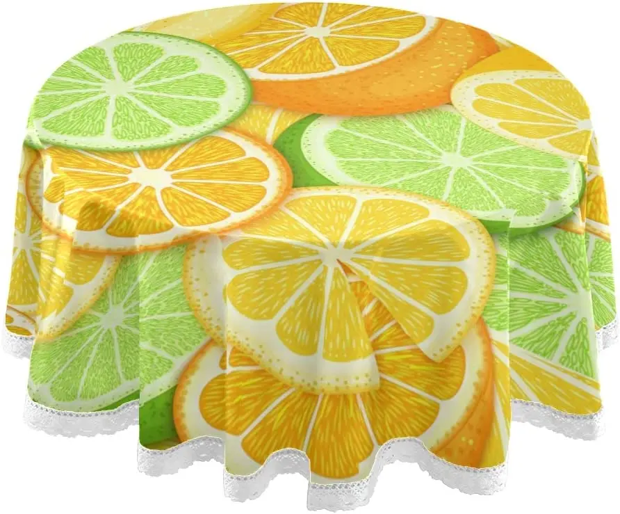 

Summer Lemon Round Tablecloths 60" Tropical Orange Table Cloth Cover Mat Lace Washable Polyester for Dinner Party Holiday Decor