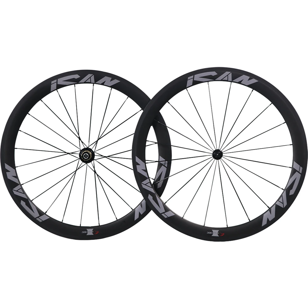 Колеса для велосипеда на дороге ICAN 700C 50 мм клинчер из карбона, ширина 23 мм, матовая отделка, втулки Powerway R13 Black, спицы CN, комплект колес 50C.