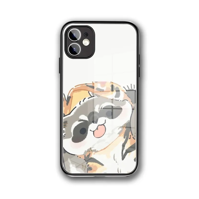 Cute Cartoon Animal Raccoon Phone Case Glass for IPhone 11 12 13 14 Pro XR XS MAX 8 X 7 14 Plus SE 13 Pro Design Iphone Covers