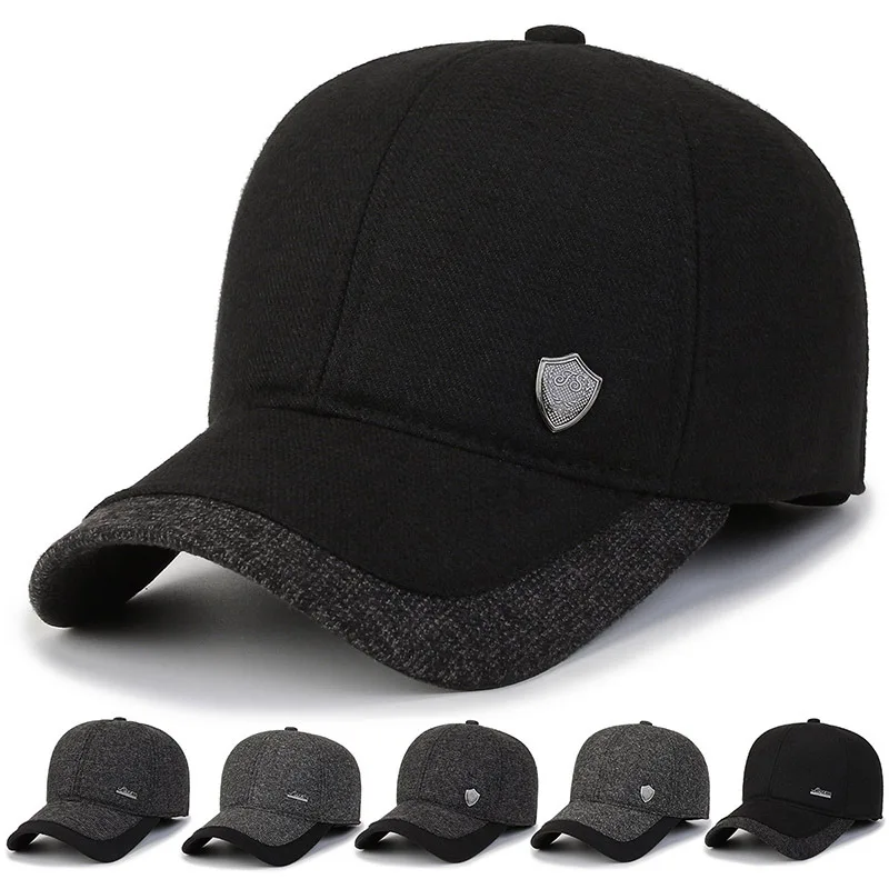 2022 New Men Autumn Winter Earmuff Baseball Cap Male Cotton Plush Thicken Black Letter Icon Ear Protection Fashion Warm Dad Hat