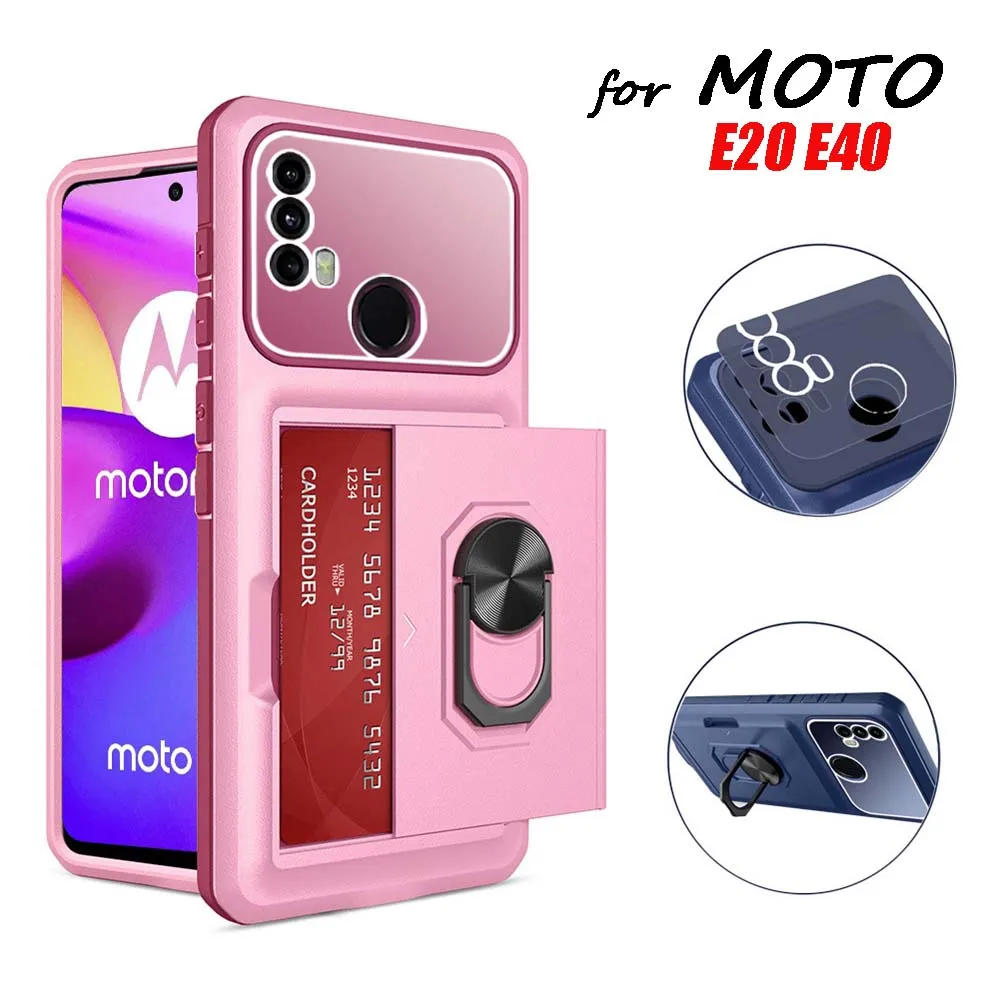 Multifunctional Shockproof Case for MOTO E20 E40 E71 G52 G22 Bumper Card Slot Camera Lens Protection Ring Stand Magnetic Pocket