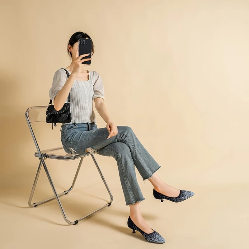 DIMANYU Women Shoes 2023 New Pointed Toe Shallow Fall Shoes Women Thin Heel Fabric Mesh Casual Large Size 41 42 43 Shoe Women