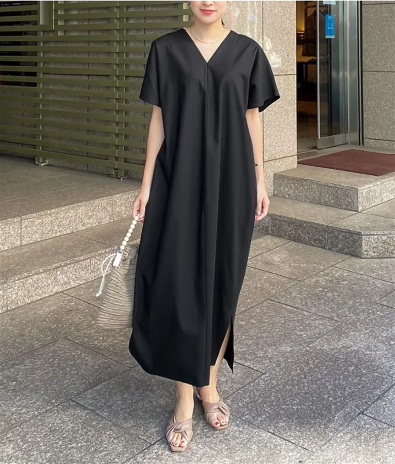 

VANOVICH 2023 летнее Новое однотонное темпераментное длинное платье в Корейском стиле свободное платье-трапеция с V-образным вырезом и короткими рукавами