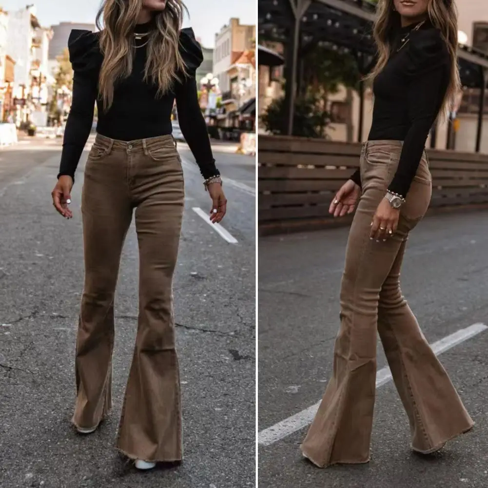 Women Flared Pants Solid Color Horn Shape High Waist Button-up Match Clothes Slim Fit Full Length Lady Trousers Pantalones Y2k