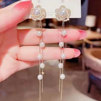 hollow flower pearl diamond long temperament tassel earrings for women korean fashion earring daily birthday party jewelry gifts