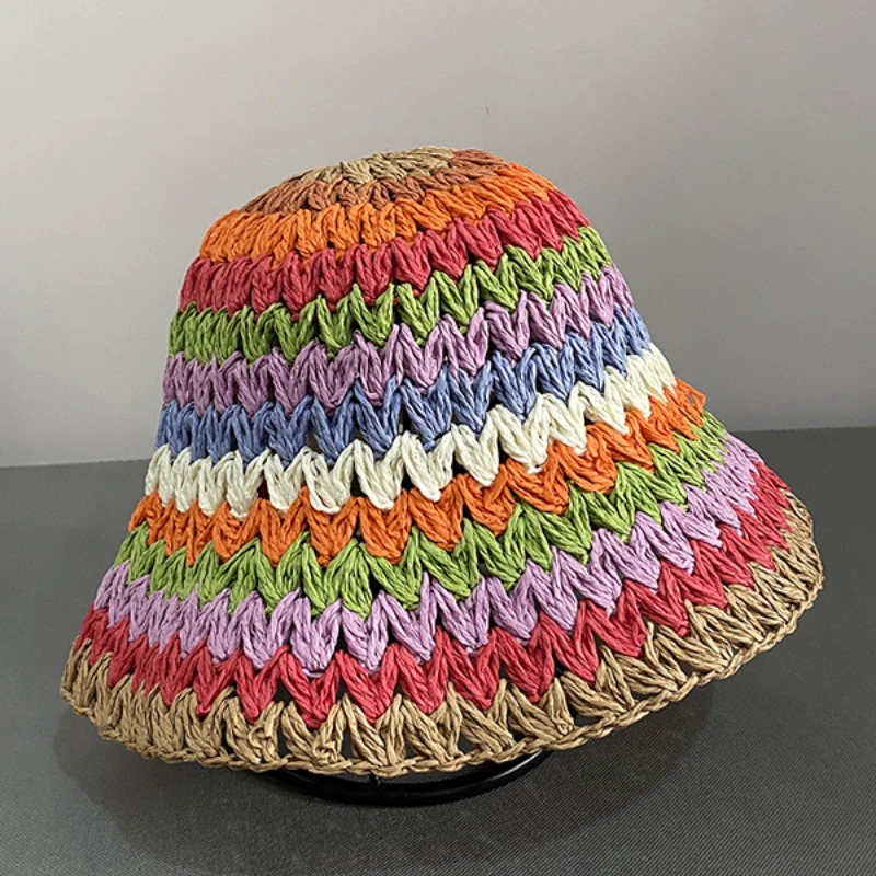 

Handmade Crochet Striped Bucket Hat Korean Fashion Women Retro Contrast Color Fisherman Hat Girl High Street Knitted Sun Hat