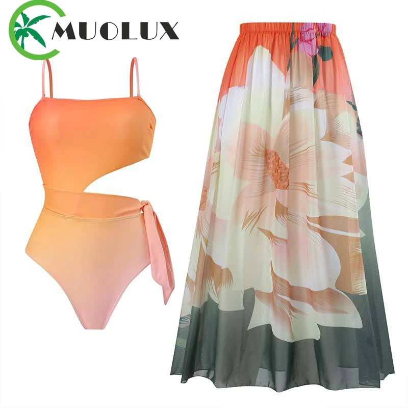 2023 One Piece Swimsuit Women Skirt Sexy Swimwear Woman Ruffle Monokini with Sarong Beach Bathing Suit Cover Up Dress Female
