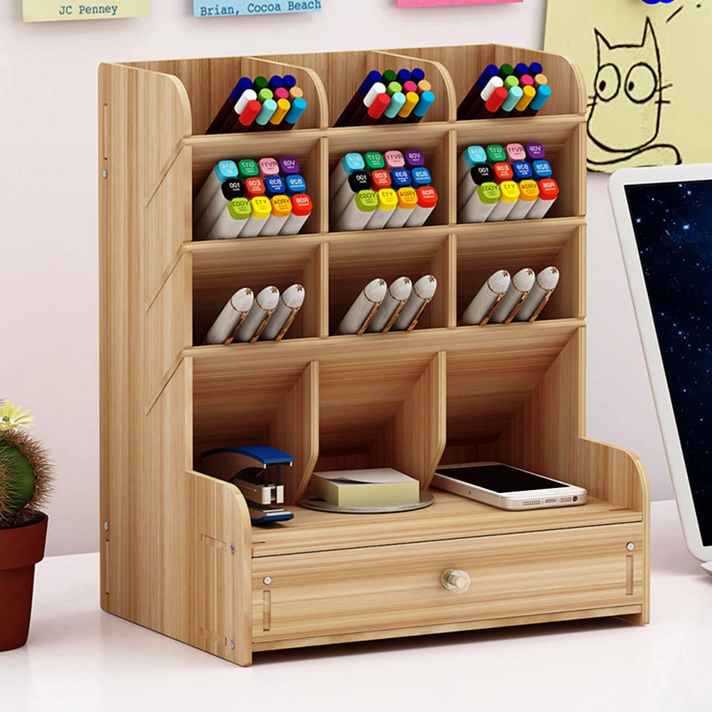 

Wooden Pen Holder Study Office Supplies DIY Desk Organizer Children Save Space Student With Drawer Large Capacity Multifunction