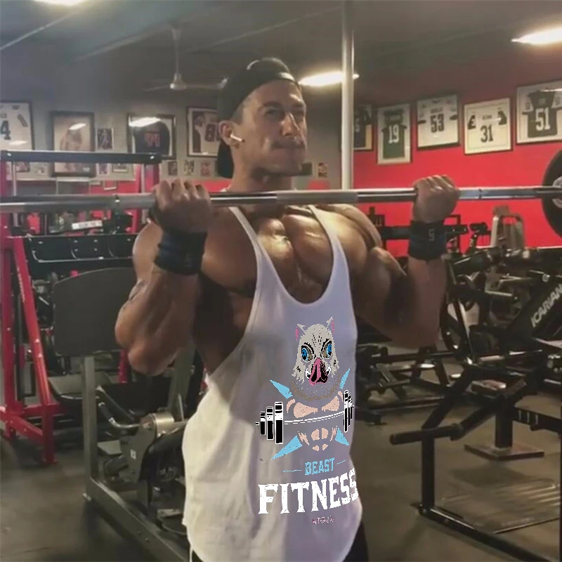 Anime Demon Slayer Inosuke Graphic Stringer Tank Top Mens Athletic Y-Back Vest Undershirt Tops Gym Workout Fitness Bodybuilding