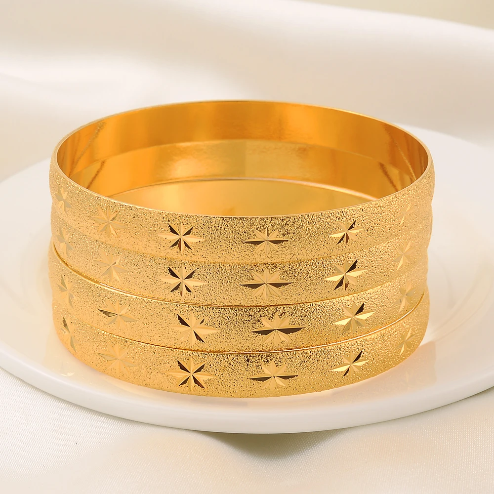 

4PCS 65mm 24K Placer gold Plated Vintage Bangle For Women High Quality Dubai Bride Wedding Ethiopian Bracelet Africa Party Gifts