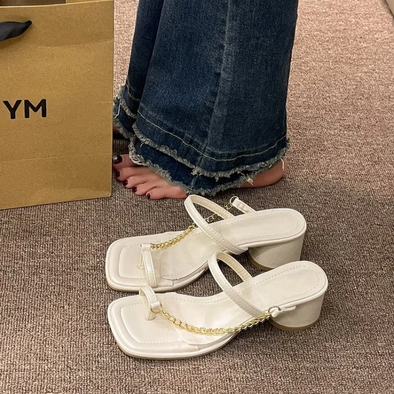 Новинка лета 2024 женские сандалии с узкими ремешками модные туфли на толстом