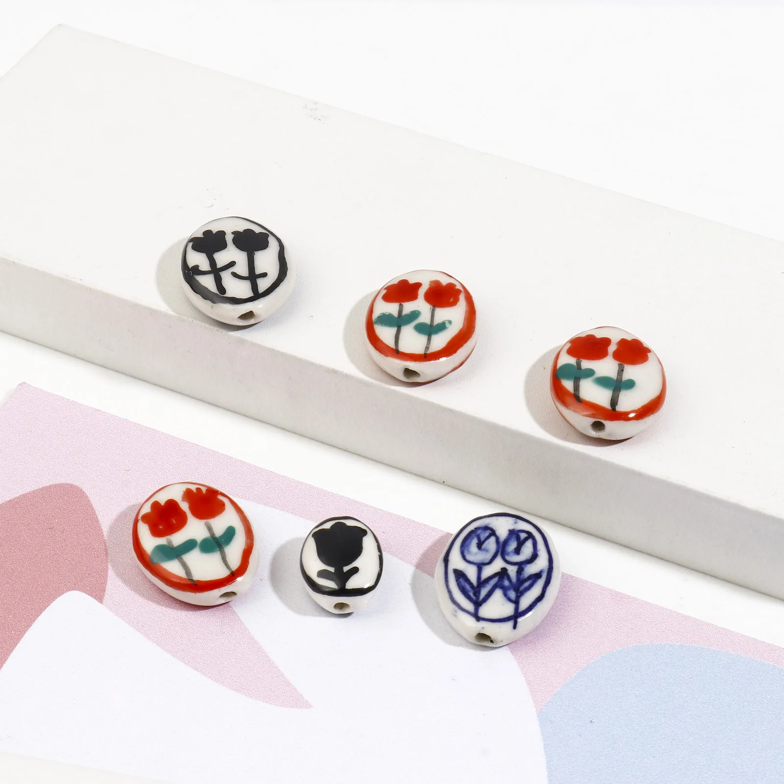 5 шт. керамические бусины с цветочным узором тюльпана овальные разноцветные