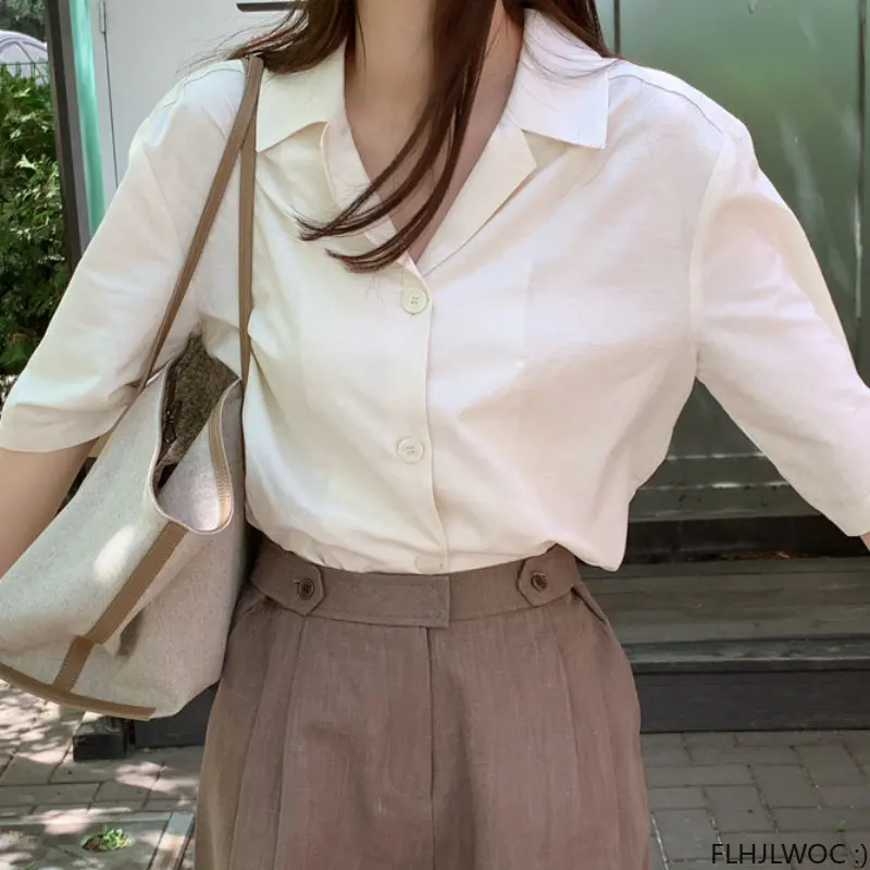

Cute Tops Cotton Blend Japanese Korean FLHJLWOC Preppy Style Women Girls Date Single-Breasted Button Retro Vintage Blouse Shirts
