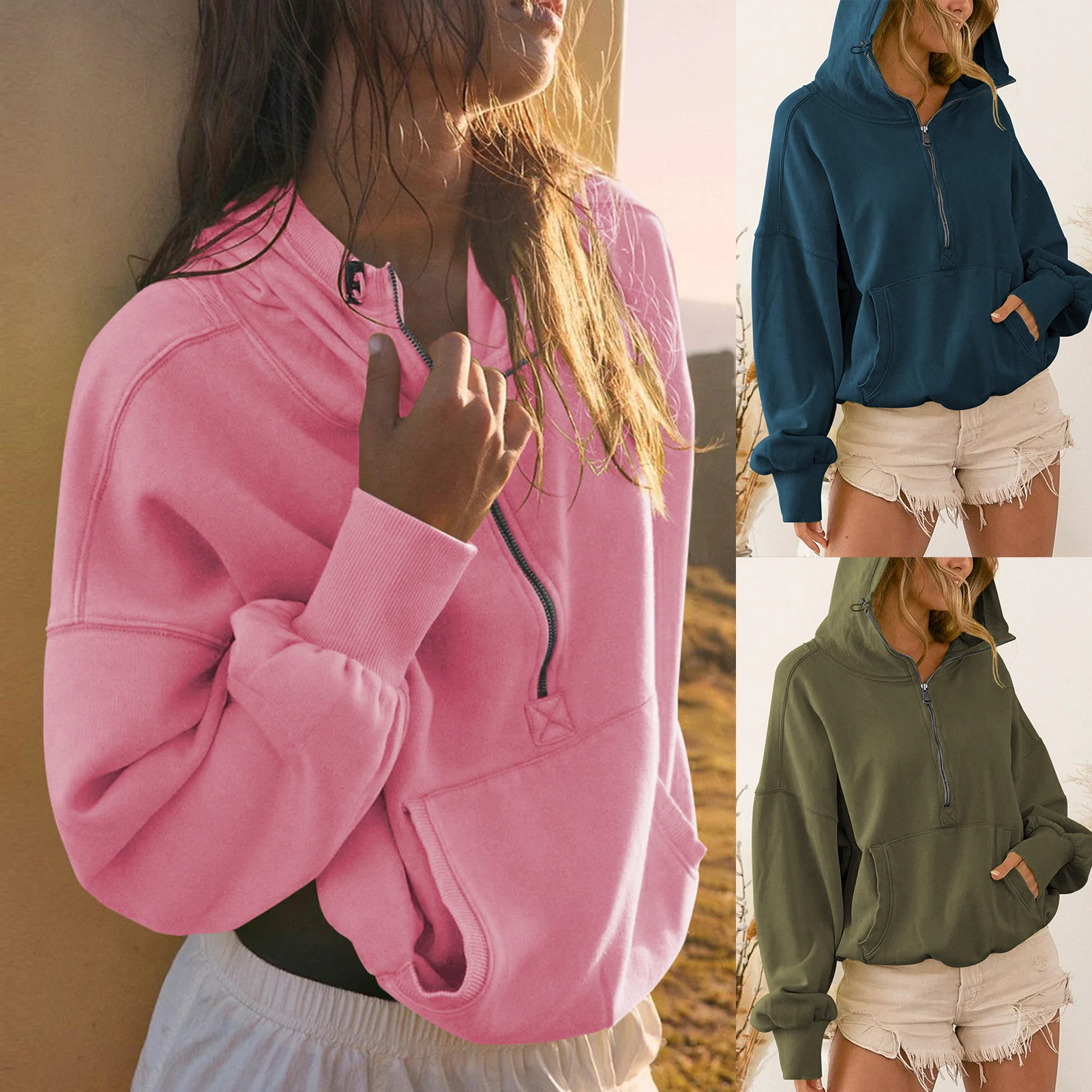 

Sports Style Women Drawstring Sweatshirt Solid Color Ladies Sweaters with Pockets Loose Fit H Line Drop Shoulder Streetwear Suit