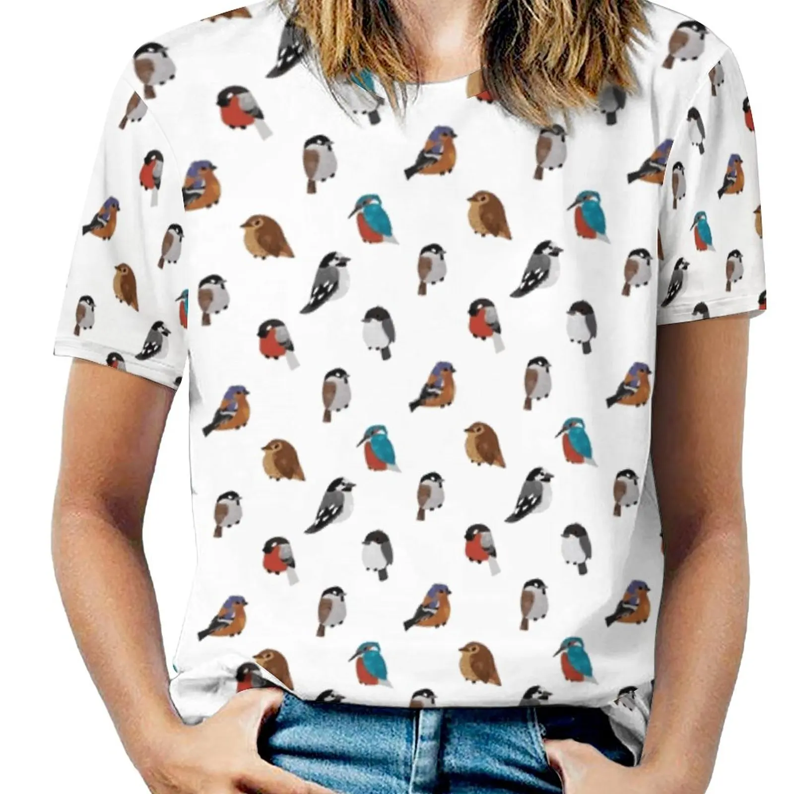 

Красивая Женская футболка с изображением птиц и пород, весенние и летние футболки с принтом, пуловер с круглым вырезом, топ с изображением п...