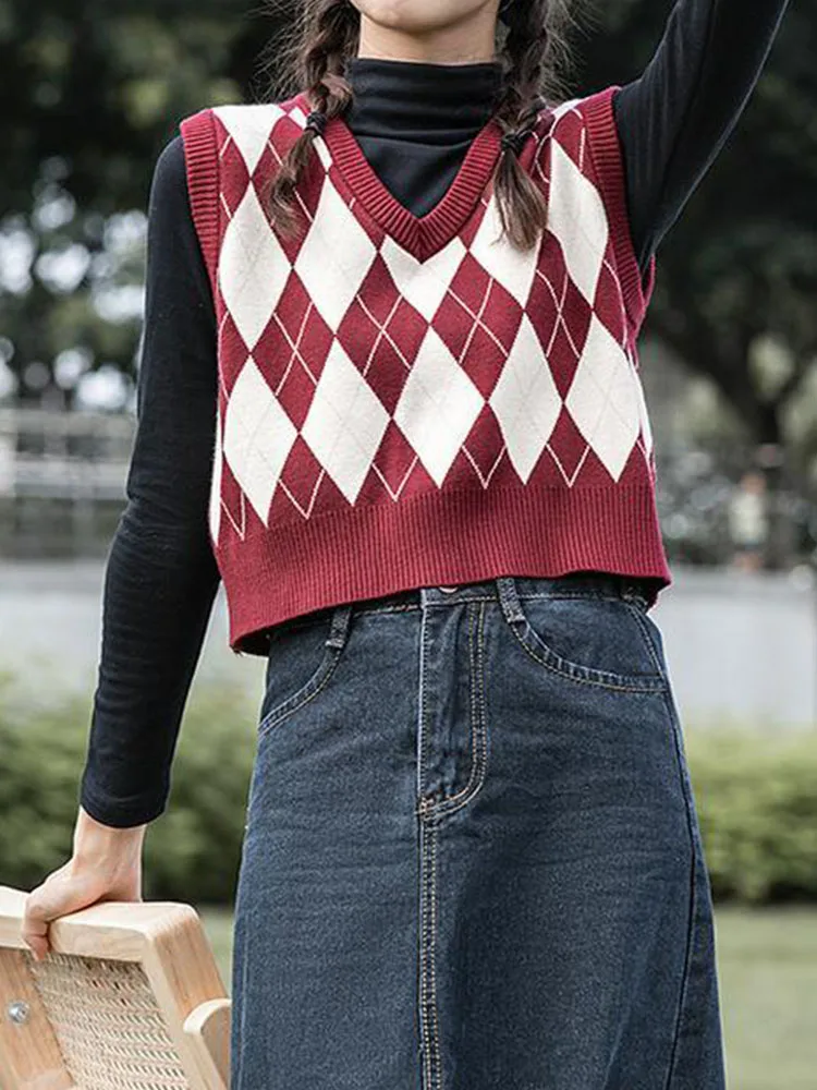 

Vintage Argyle Pattern Sweater Vest Women Autumn Sleeveless Knitted Crop Top Female Korean Fashion Preppy Style Casual Pullovers