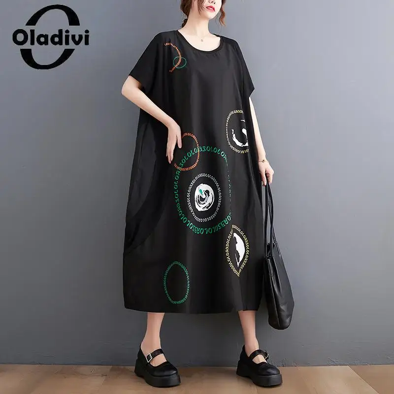 

Женское свободное платье Oladivi с принтом, повседневное черное платье большого размера, Новинка лета 2023, Женская туника, халат 5XL 6XL 9537