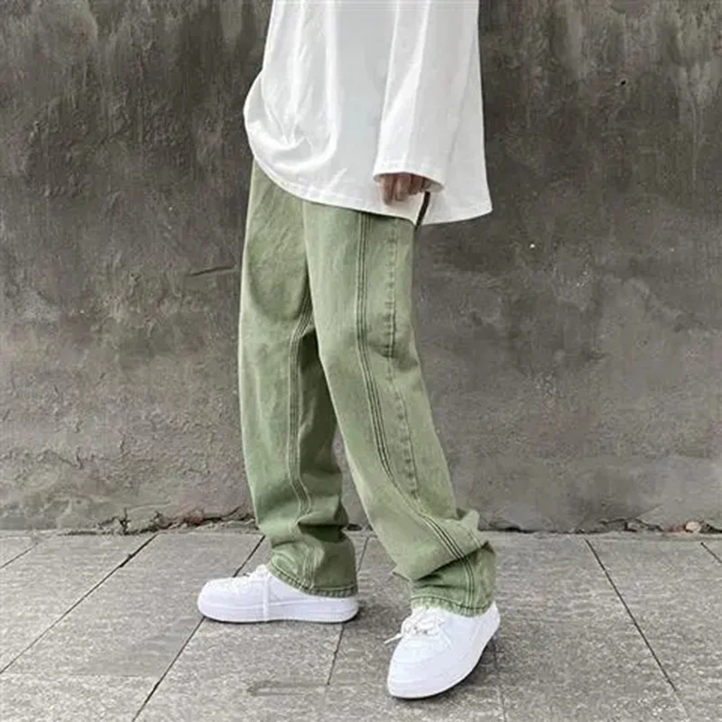 New Japanese Men Jeans Fashion Purple Green Loose Straight Vintage Casual Streetwear Skateboard Dance Denim Cargo Baggy Pants